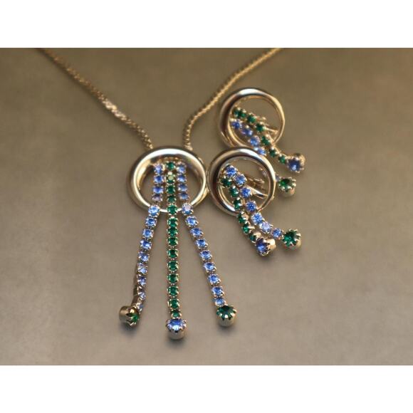 Vintage Green Rhinestone Fringe Necklace Earrings Set - Picture 1 of 8